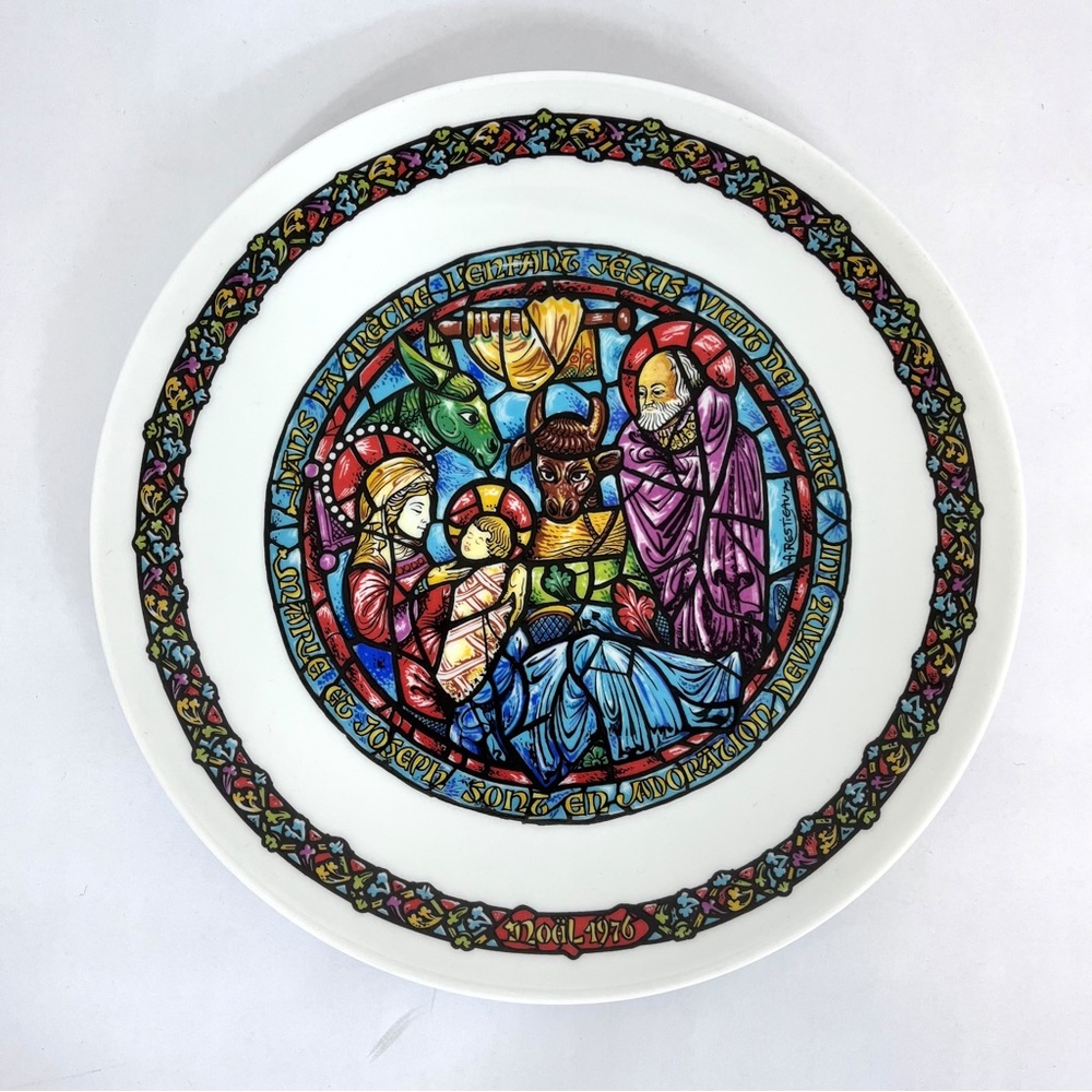 Vintage D’Arceau Limoges Noel Vitrail Christmas Plate Dans La Crèche #2